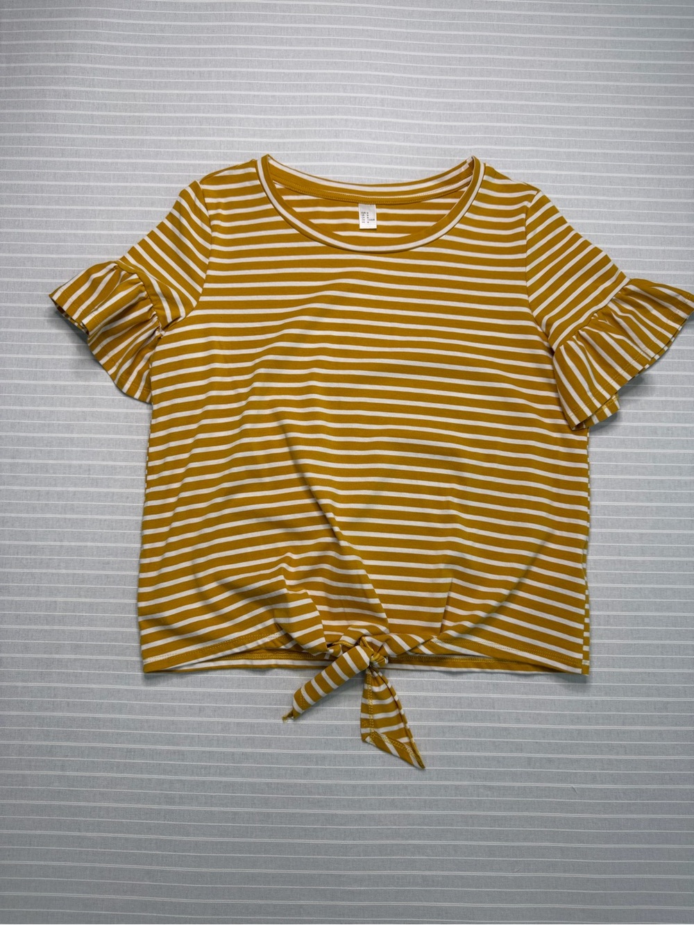 Mustard and White Striped Tie-Front Ruffle Sleeve Top